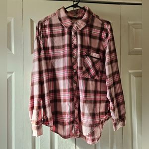 AERIE Pink Plaid Button Down Soft Flannel Night Shirt, size Small